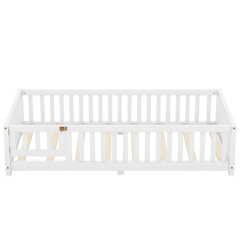 Twin Size Kids Floor Bed with Door and Fence