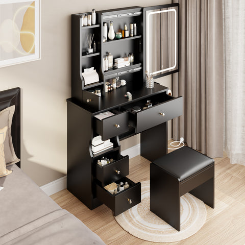 Desktop Vanity with Left Drawer & Cushioned Stool