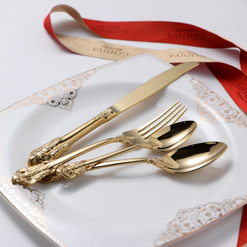 4pcs Vintage Gold Engraved Stainless Steel Flatware