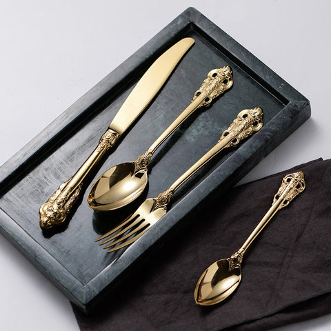 4pcs Vintage Gold Engraved Stainless Steel Flatware