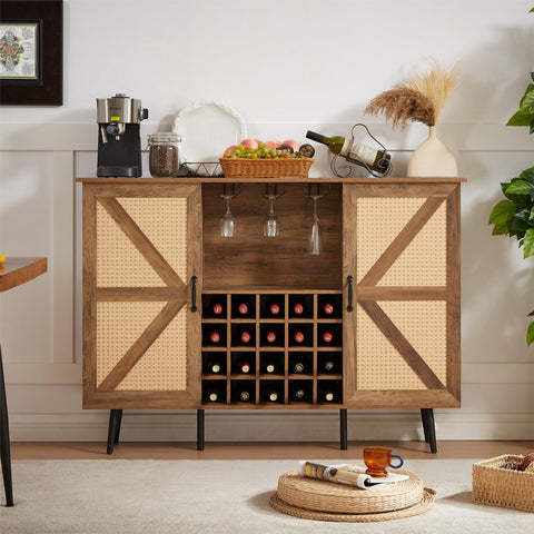 Oak Faux Rattan Barn Door Wine Cabinet