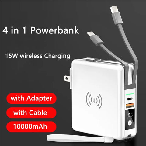 10000mAh Power Bank with AC Plug, 15W Fast Wireless Charging, USB Type C Charger