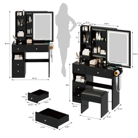 Desktop Vanity with Left Drawer & Cushioned Stool