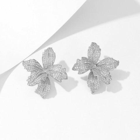 Luxury Flower Cubic Zirconia Crystal Statement Stud Earrings for Women