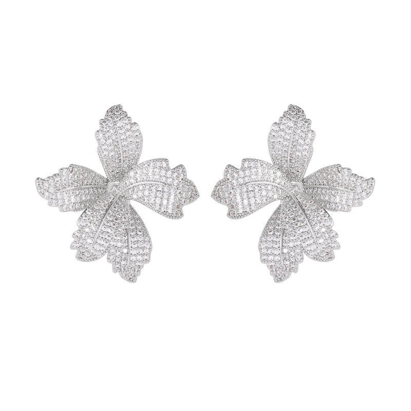 Luxury Flower Cubic Zirconia Crystal Statement Stud Earrings for Women