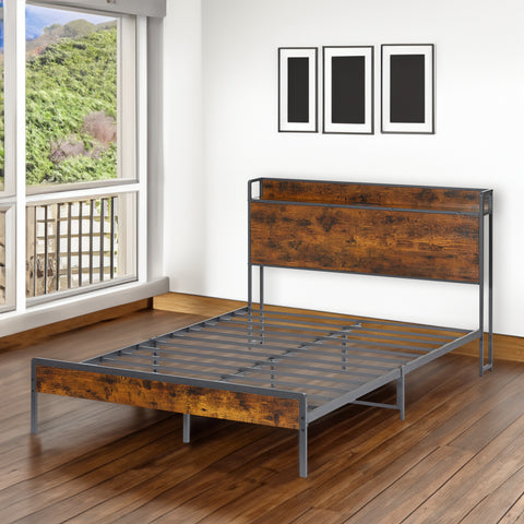 Full Size Bed Frame with Headboard and Storage Shelf