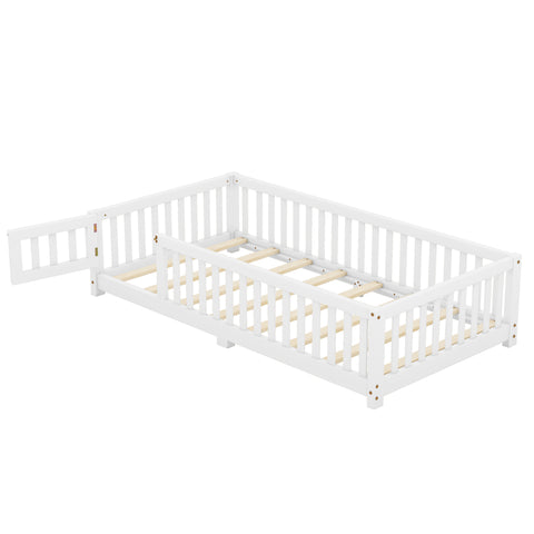 Twin Size Kids Floor Bed with Door and Fence