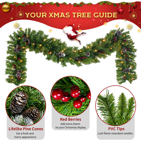 Pre-lit Christmas Tree 5-Piece Set with LED Lights, Christmas Garlands, Wreath and Set of 2 Entrance Trees