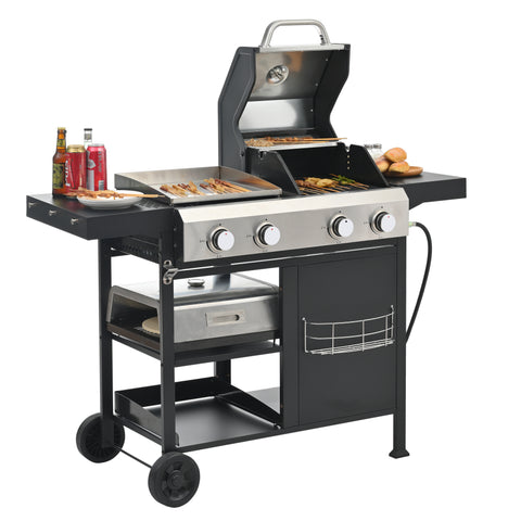 Propane Gas BBQ Grill with Side Burner & Porcelain-Enameled Cast Iron Grate