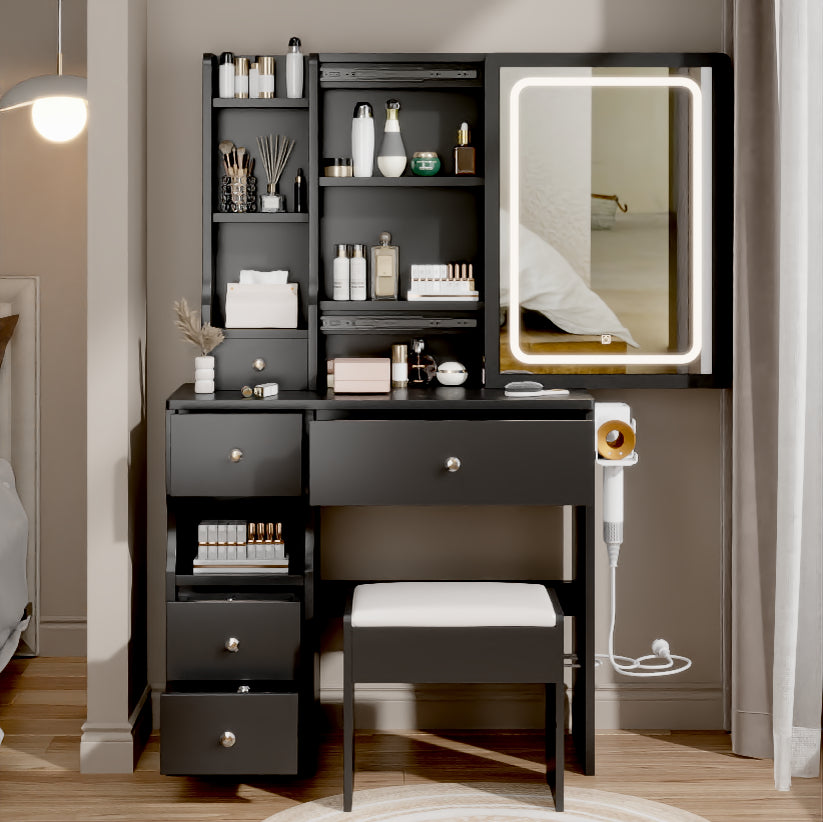 Desktop Vanity with Left Drawer & Cushioned Stool