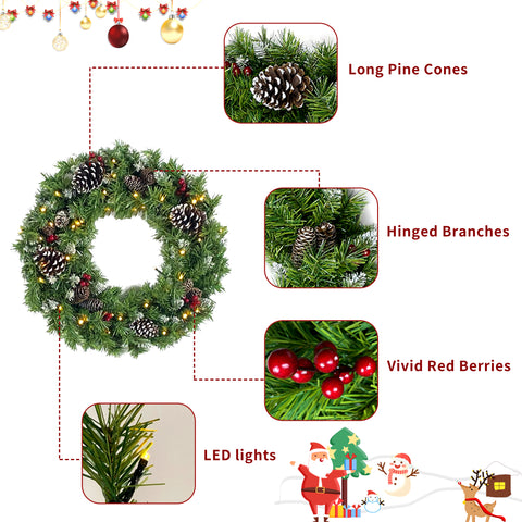 Pre-lit Christmas Tree 5-Piece Set with LED Lights, Christmas Garlands, Wreath and Set of 2 Entrance Trees