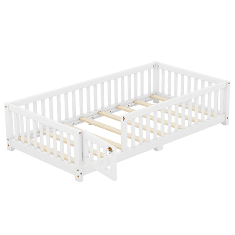 Twin Size Kids Floor Bed with Door and Fence