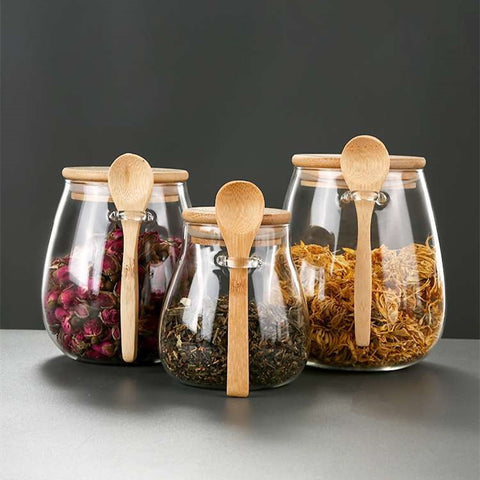 Airtight Glass Jars with Wooden Lid and Spoon