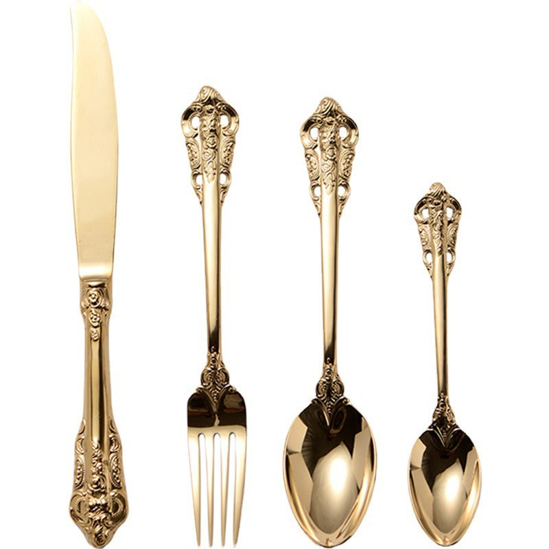 4pcs Vintage Gold Engraved Stainless Steel Flatware