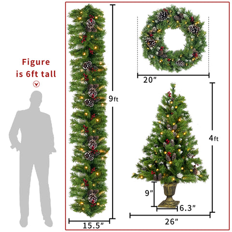 Pre-lit Christmas Tree 5-Piece Set with LED Lights, Christmas Garlands, Wreath and Set of 2 Entrance Trees