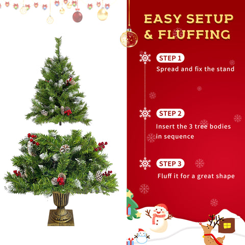 Pre-lit Christmas Tree 5-Piece Set with LED Lights, Christmas Garlands, Wreath and Set of 2 Entrance Trees