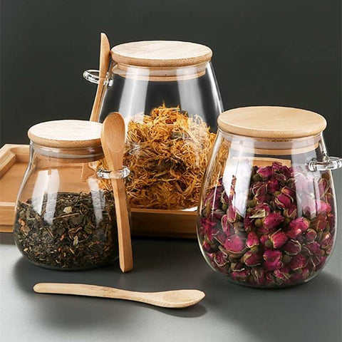 Airtight Glass Jars with Wooden Lid and Spoon