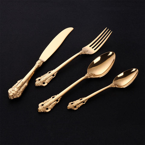 4pcs Vintage Gold Engraved Stainless Steel Flatware