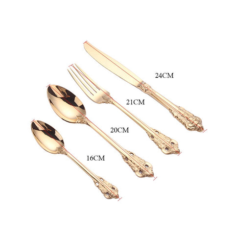 4pcs Vintage Gold Engraved Stainless Steel Flatware