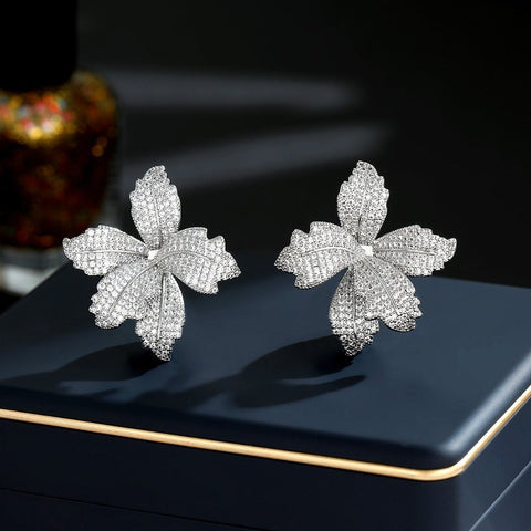 Luxury Flower Cubic Zirconia Crystal Statement Stud Earrings for Women