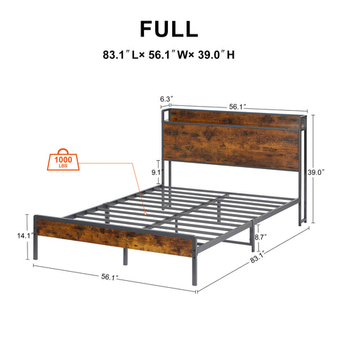 Full Size Bed Frame with Headboard and Storage Shelf